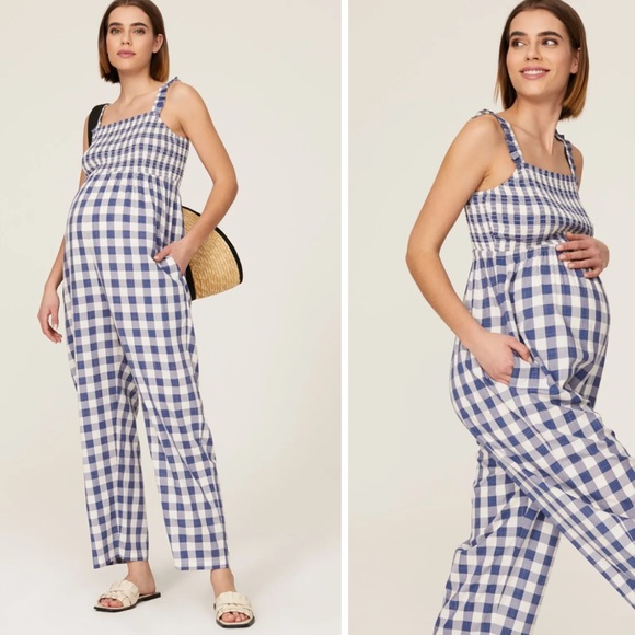 Nom Maternity Pants - Nom Maternity Blue and White Checkered Jumpsuit